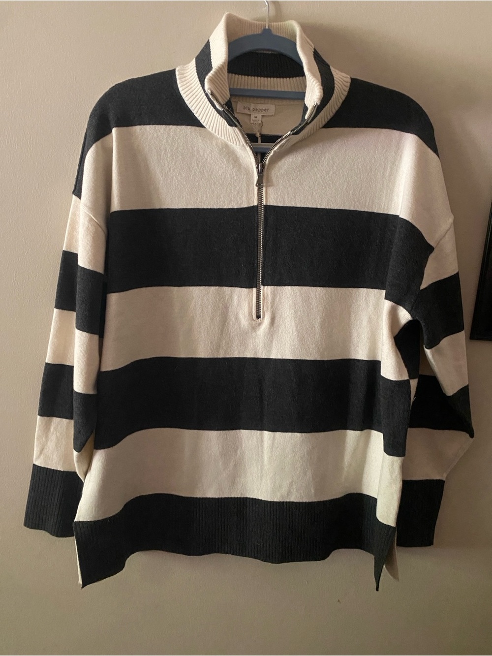 Blu Pepper Coastal Charcoal and White Striped Half-Zip Sweater 🆕